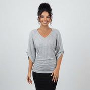Emma Smith | Ribbed Knit V-Neck Batwing Sleeve Top