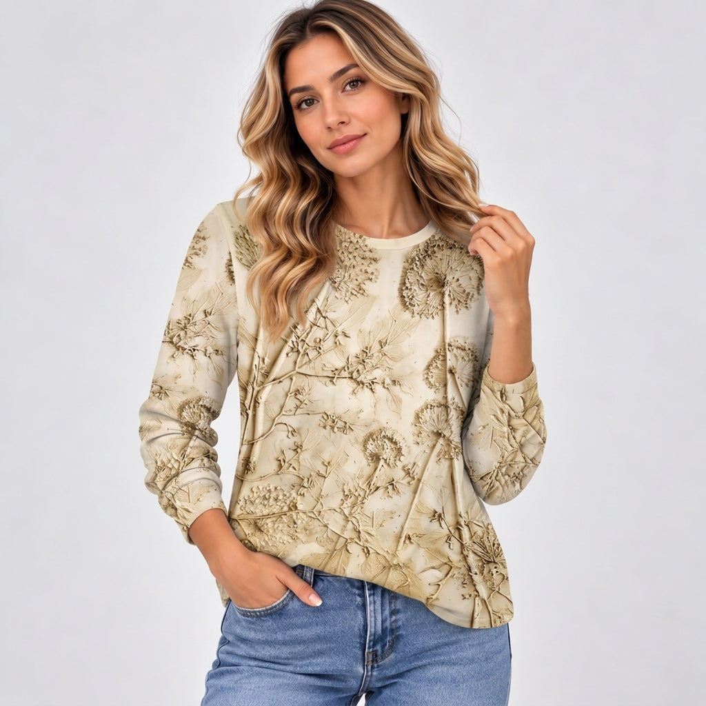 Emmeline Foster | 3D Floral Textured Round Neck Top - Khaki