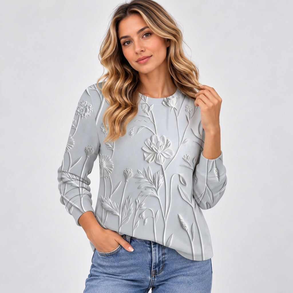Emmeline Foster | 3D Floral Textured Round Neck Top - Light Grey