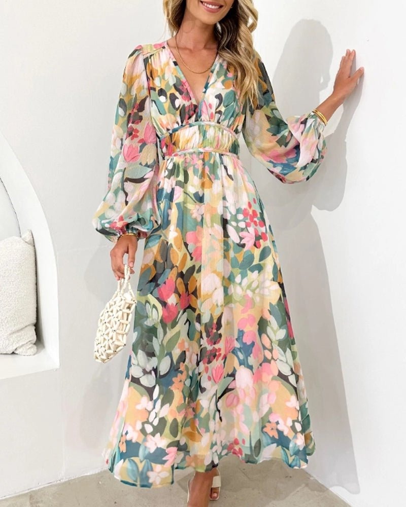 Olivia Turner | Robe midi à imprimé floral, décolleté en V et manches bouffantes
