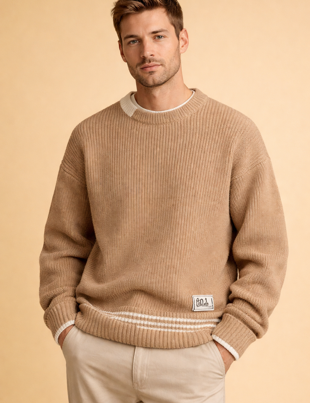 Felicity Green | Cream Ribbed Crew Neck Knit Sweater
