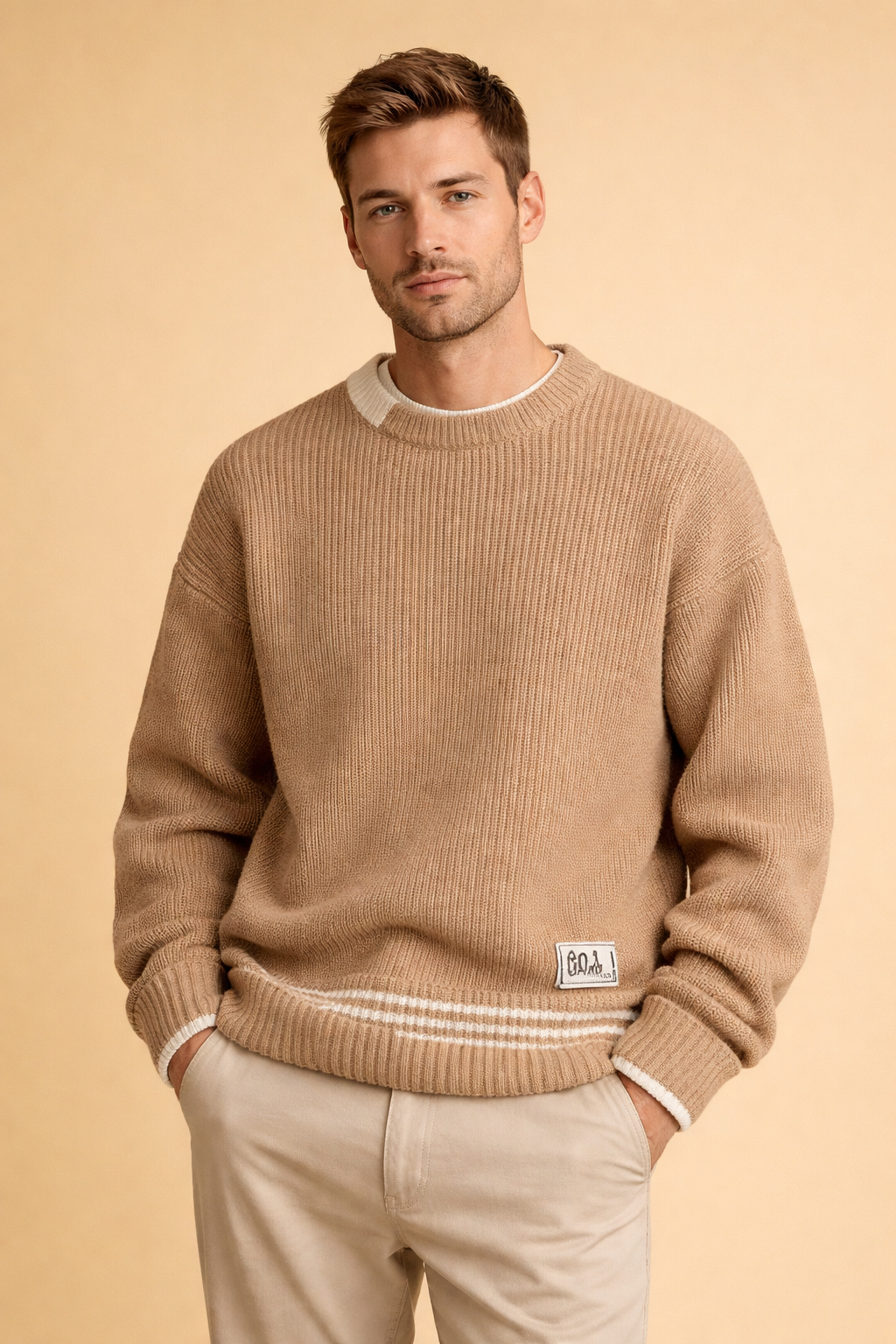 Felicity Green | Cream Ribbed Crew Neck Knit Sweater