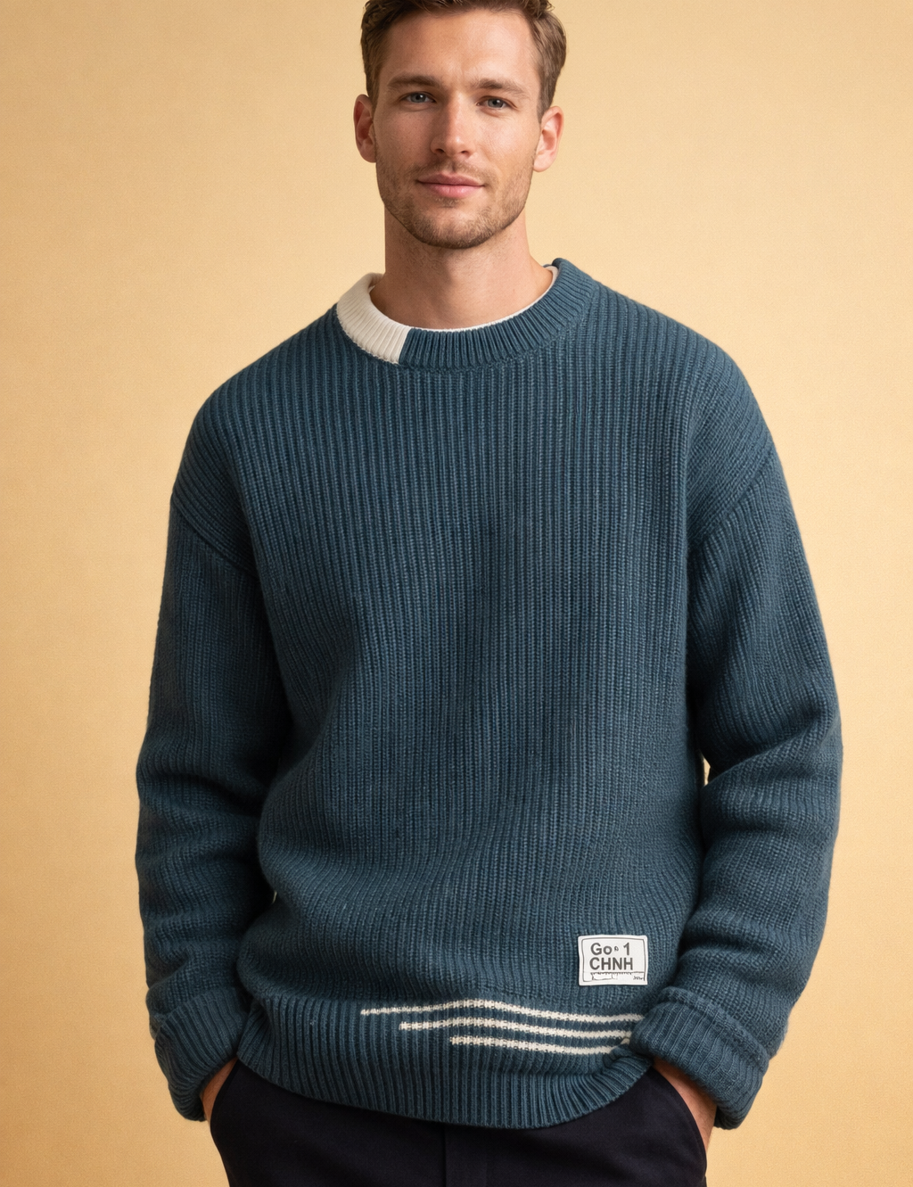 Felicity Green | Cream Ribbed Crew Neck Knit Sweater