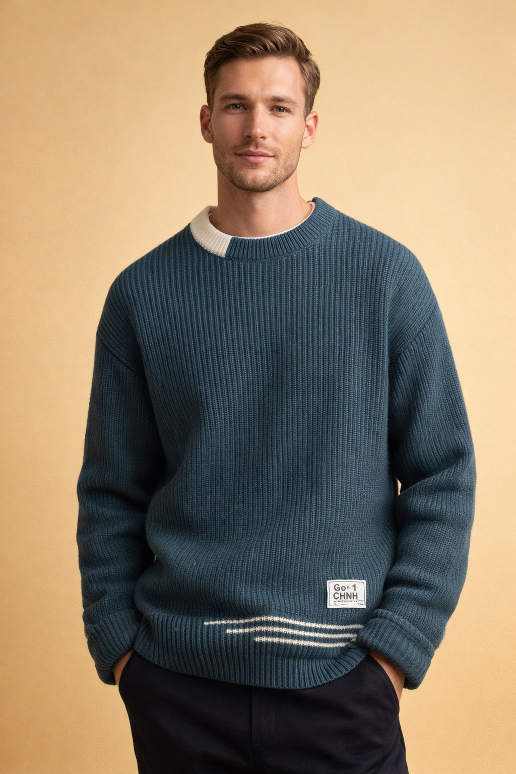 Felicity Green | Cream Ribbed Crew Neck Knit Sweater