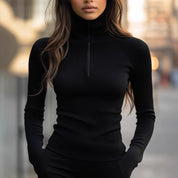 Olivia Thomas | Ribbed Zip Turtleneck Knit Top