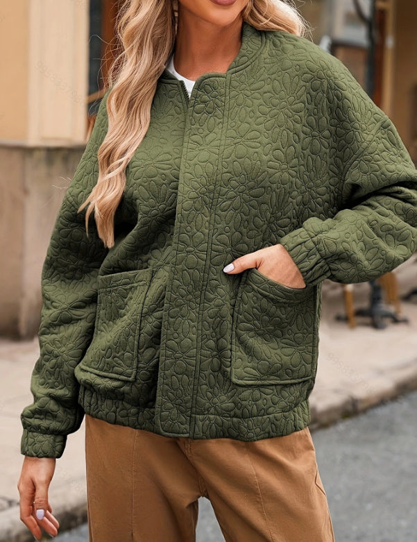 Diana Wood | Quilted Textured Zip-Up Bomber Jacket