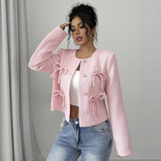 Millicent Scott | Veste courte en tweed rose avec nœud décoratif