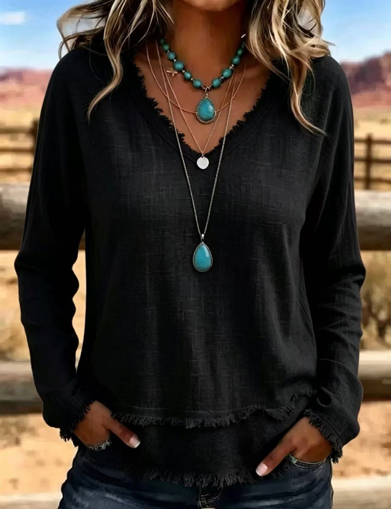 Susannah Fairweather | Pink Frayed-Edge V-Neck Top