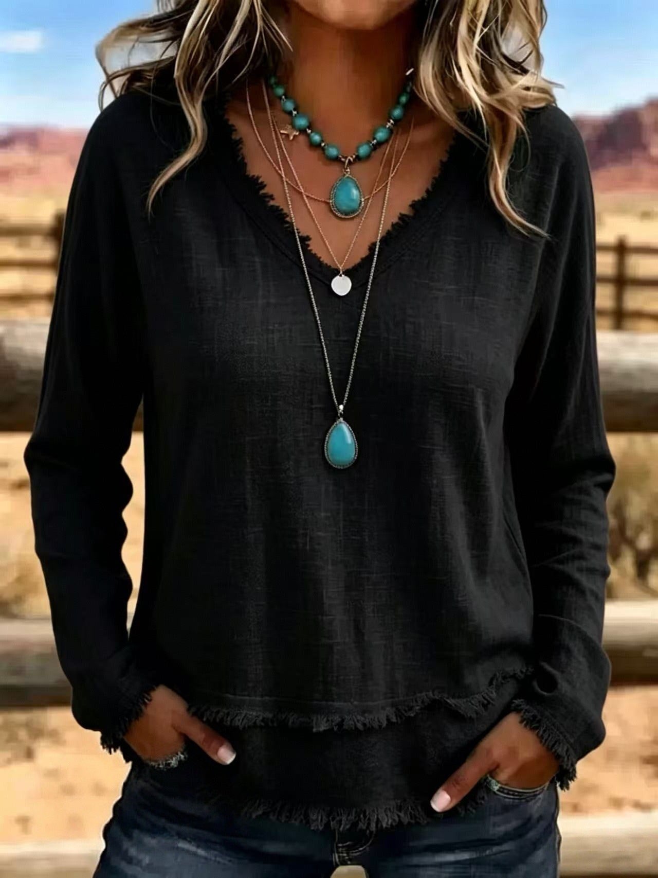 Susannah Fairweather | Pink Frayed-Edge V-Neck Top