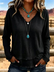 Susannah Fairweather | Pink Frayed-Edge V-Neck Top