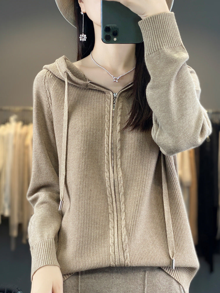Harriet Turner | Beige Cable-Knit Zip-Up Hoodie Cardigan