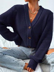 Orla Brown | Green Ribbed Knit Button-Front Cardigan
