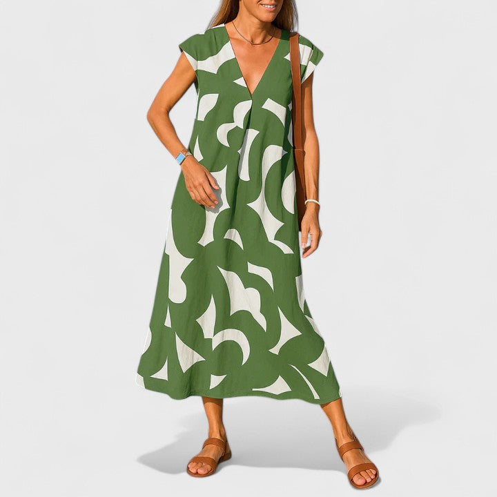 Sophia Whitmore | Robe longue à col en V et imprimé abstrait