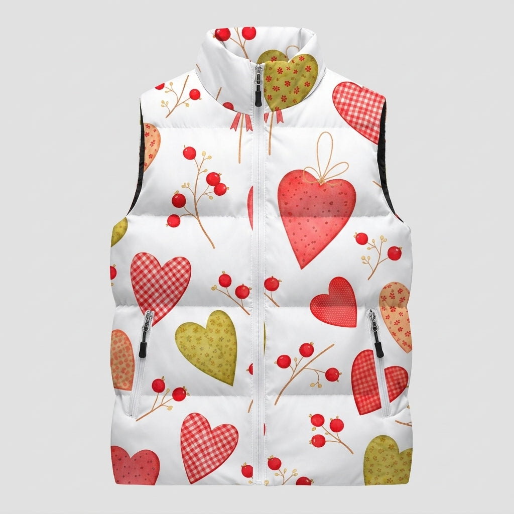 Felicity Dawson | Heart Print Puffer Gilet with Stand Collar & Zip Pockets