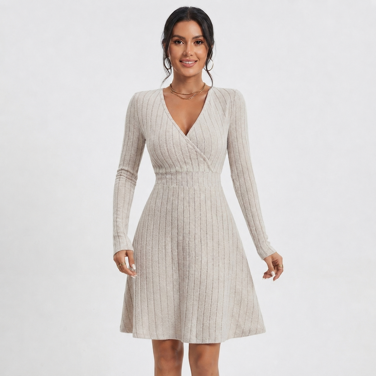 Felicity Harrison | Ribbed Knit Wrap Dress with V-Neck