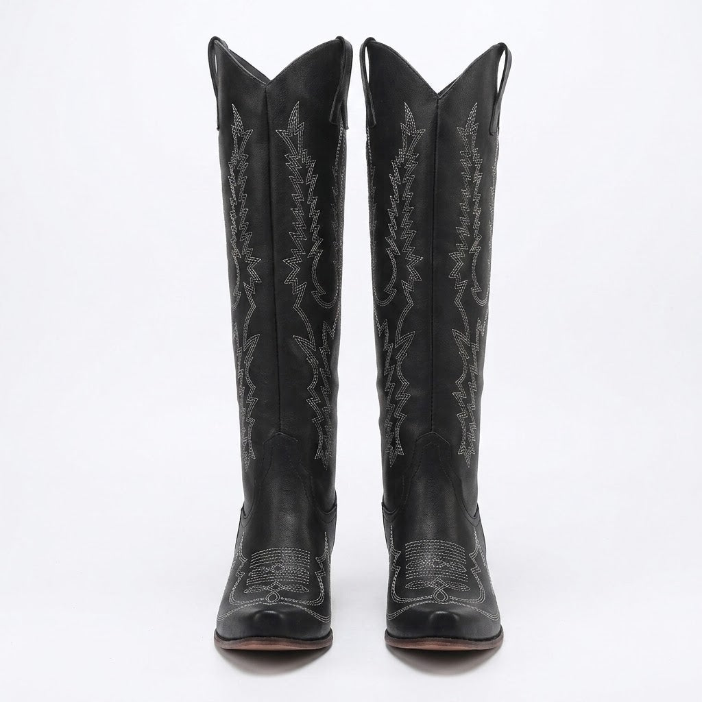 Fenella Winstanley | Black Embroidered Cowboy Knee-High Boots