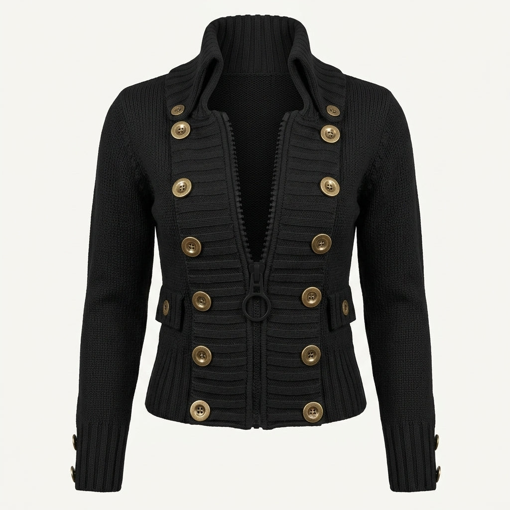 Freya Mackenzie | Ribbed Button-Front Stand Collar Cardigan