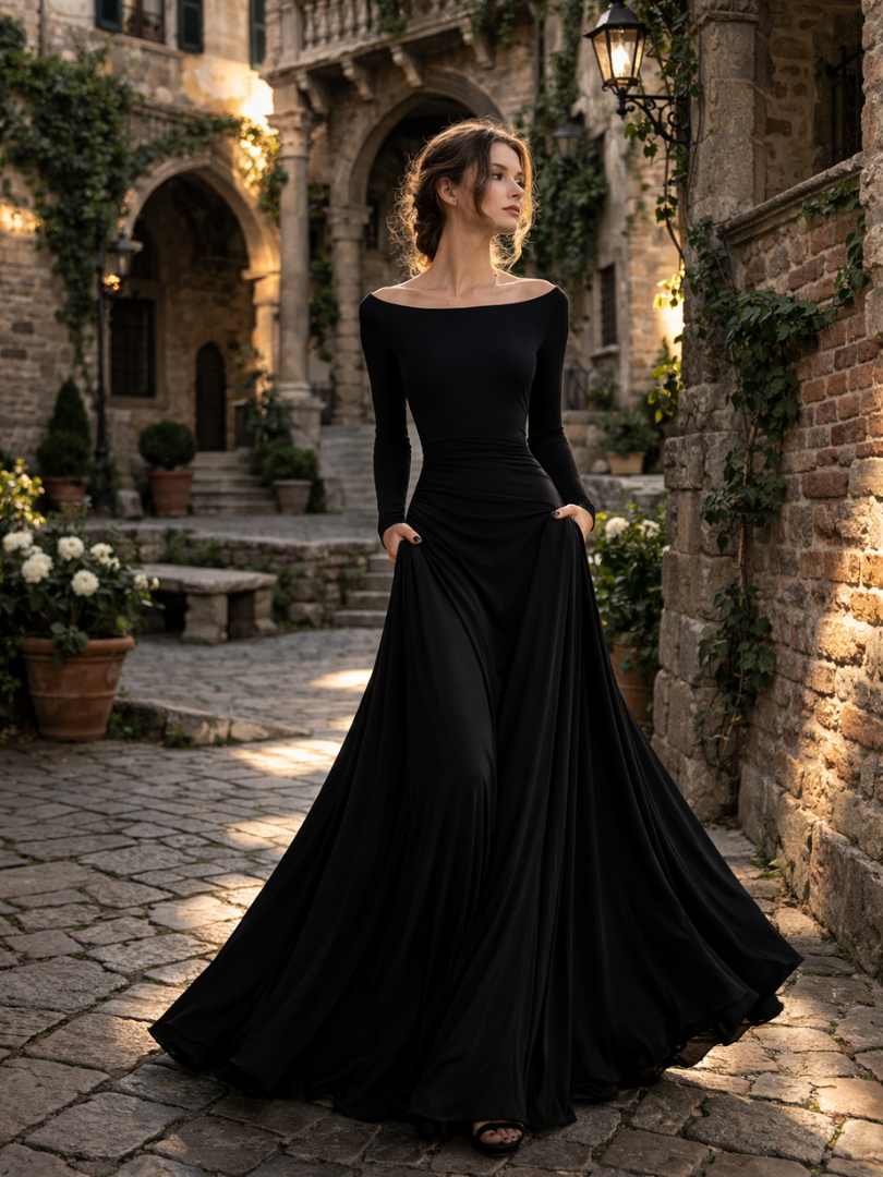 Verity Campbell | Long Sleeve Boat Neck Maxi Dress in Black