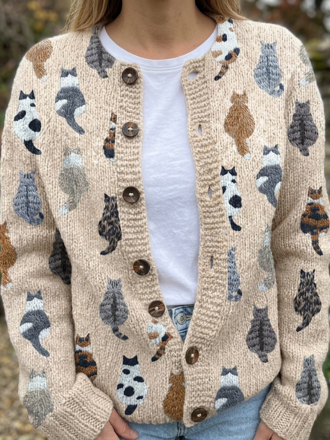 Octavia Marchant | Cat Print Button-Front Knit Cardigan