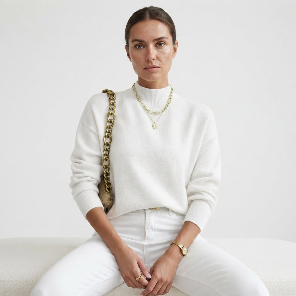 Genevieve Harding | White Ribbed Mock Neck Knit Sweater