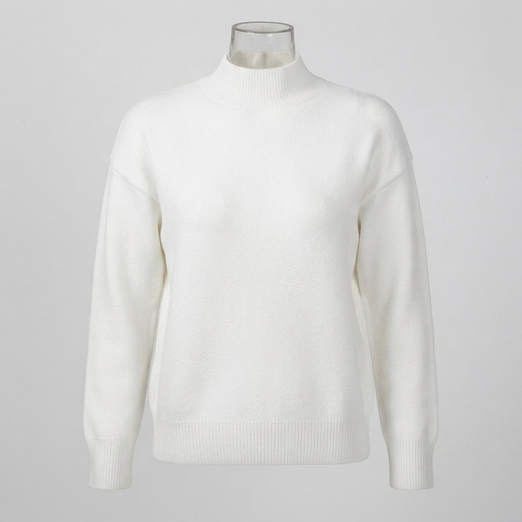Genevieve Harding | White Ribbed Mock Neck Knit Sweater