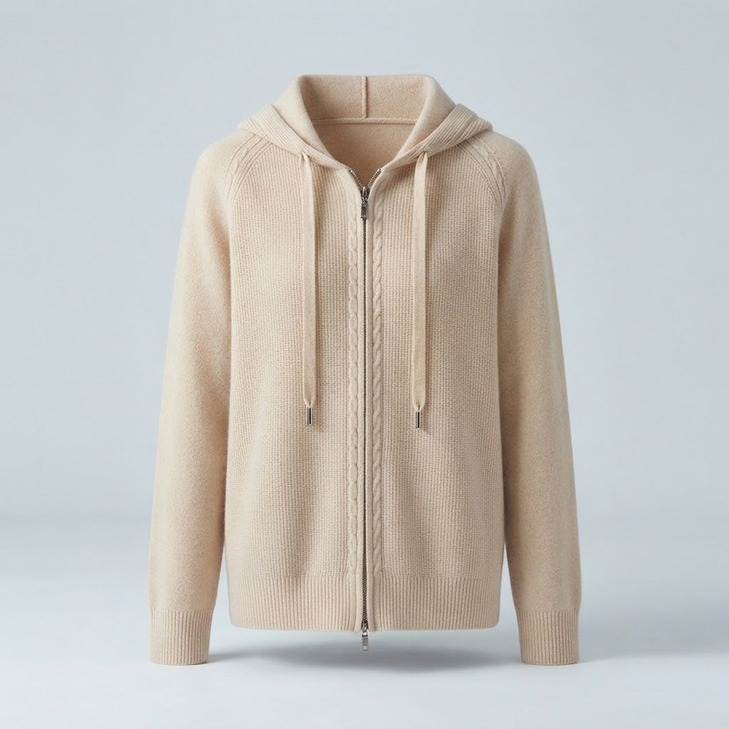 Harriet Turner | Beige Cable-Knit Zip-Up Hoodie Cardigan