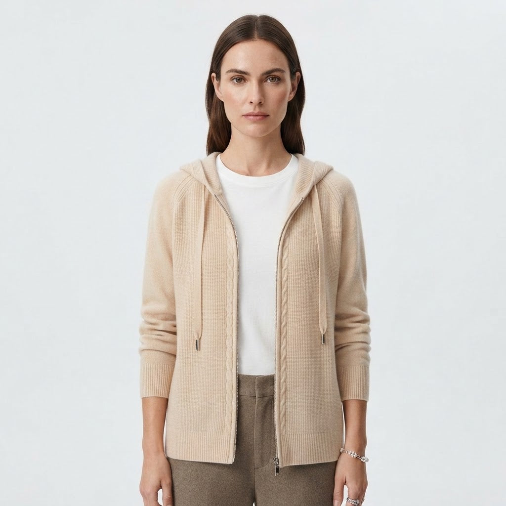 Harriet Turner | Beige Cable-Knit Zip-Up Hoodie Cardigan