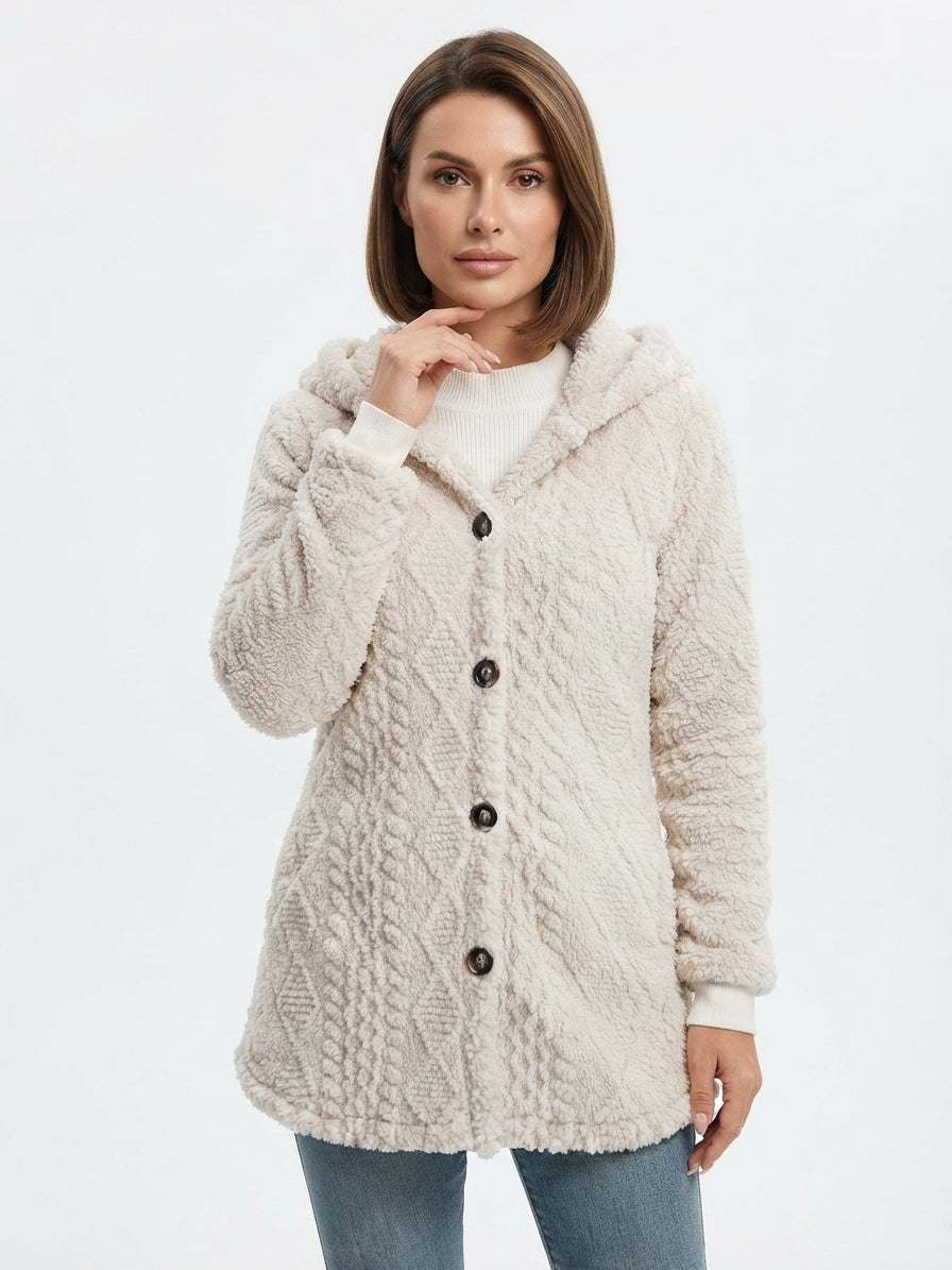 Henrietta Marsh | Manteau cardigan en teddy à capuche et boutonné