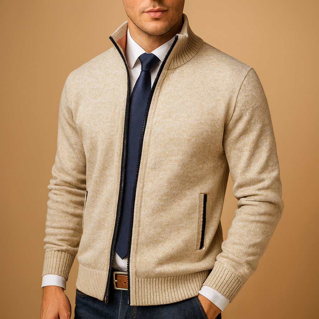 Emilio Castelverde | Beige Full-Zip Knit Cardigan for Men
