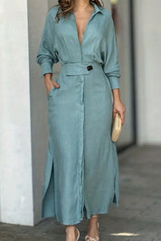 Vivienne Calderon | Linen Shirt Maxi Dress in Natural Beige