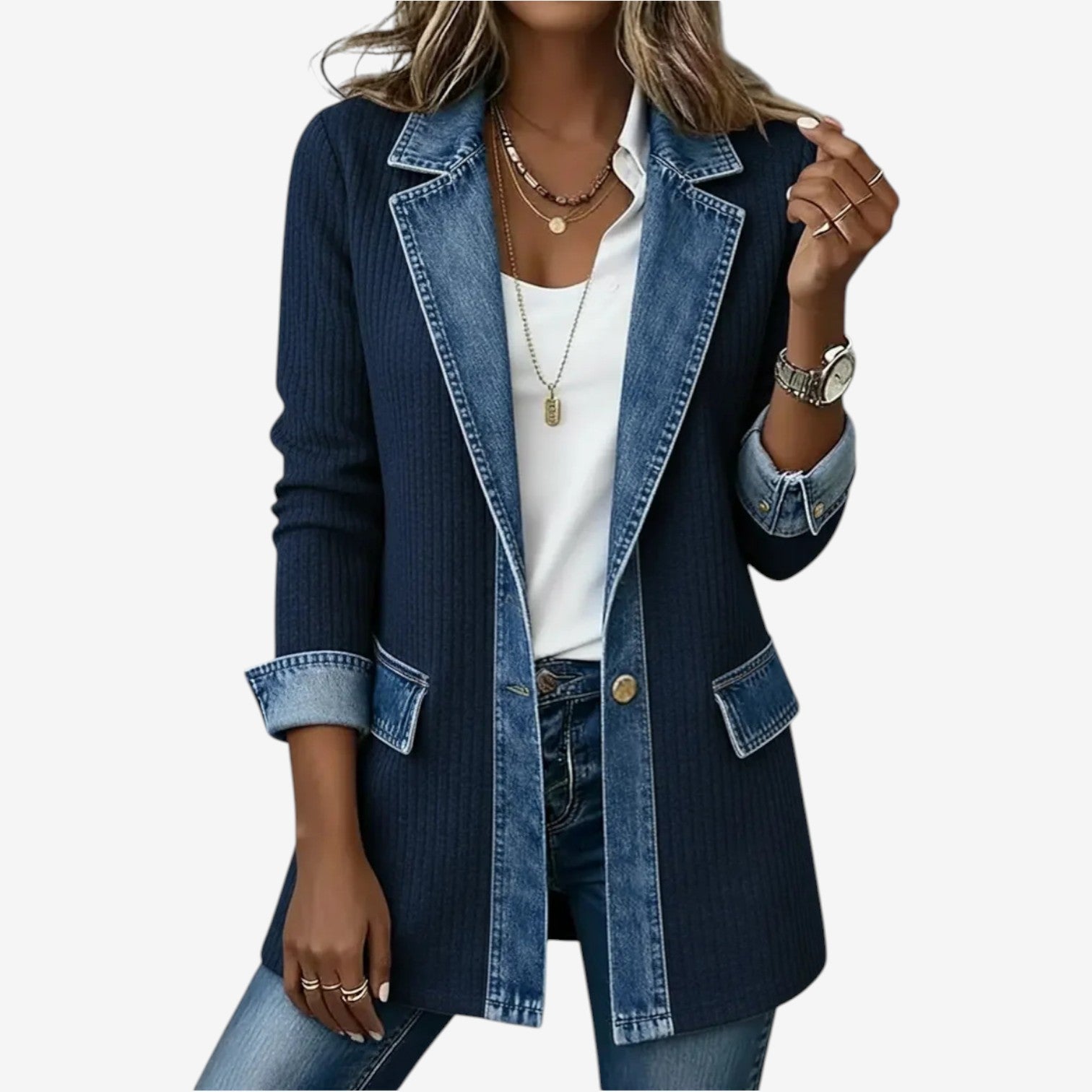 Cecily Hartwood | Veste à empiècements en denim et maille côtelée