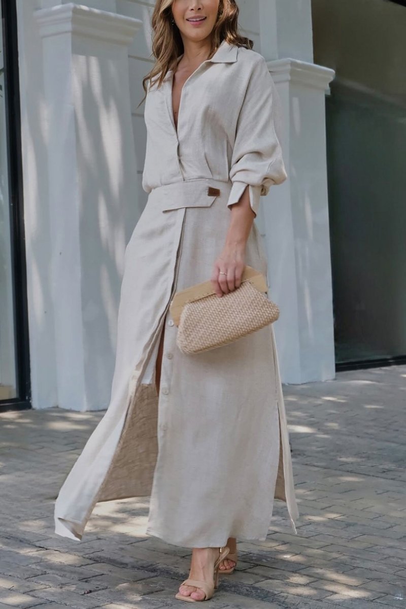 Vivienne Calderon | Linen Shirt Maxi Dress in Natural Beige