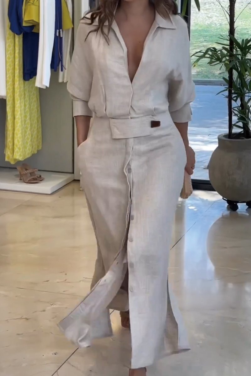 Vivienne Calderon | Linen Shirt Maxi Dress in Natural Beige