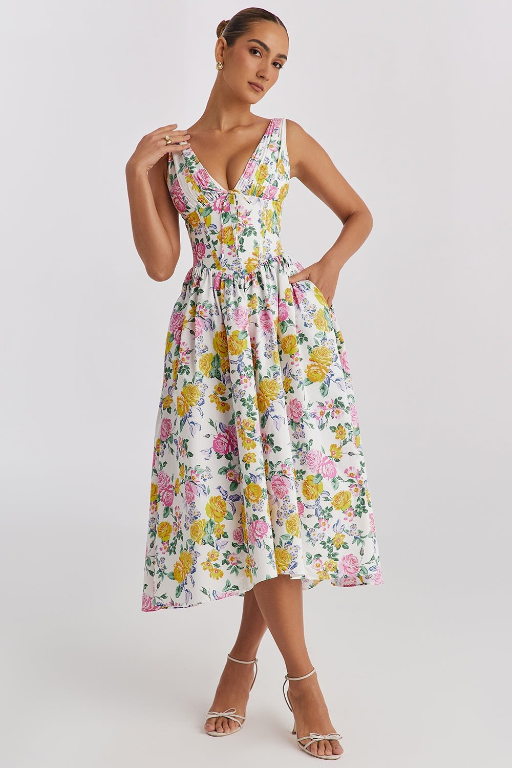 Lydia Campbell | Floral Midi Dress with Plunging V-Neck