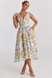 Lydia Campbell | Floral Midi Dress with Plunging V-Neck