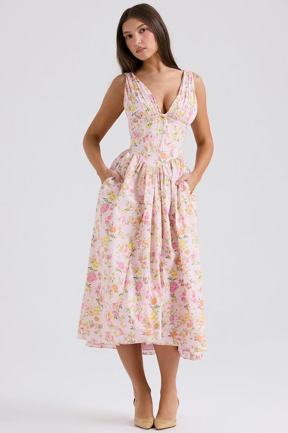Lydia Campbell | Floral Midi Dress with Plunging V-Neck