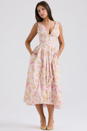 Lydia Campbell | Floral Midi Dress with Plunging V-Neck