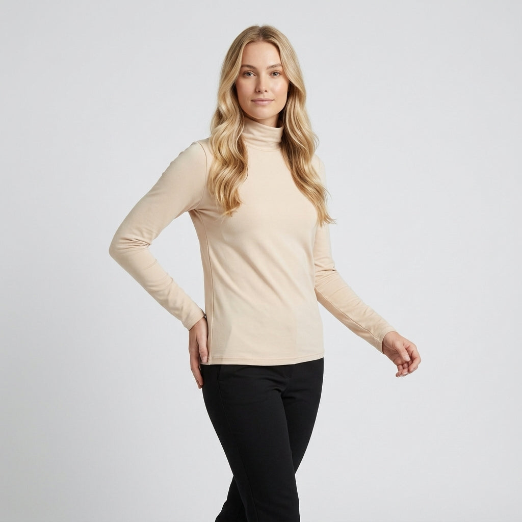 Isla Thompson | Fleece-Lined Turtleneck Long Sleeve Top - Apricot