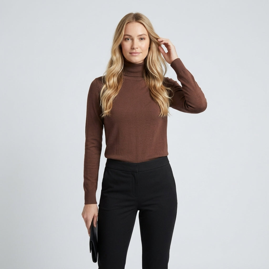 Isla Thompson | Fleece-Lined Turtleneck Long Sleeve Top - Dark Coffee