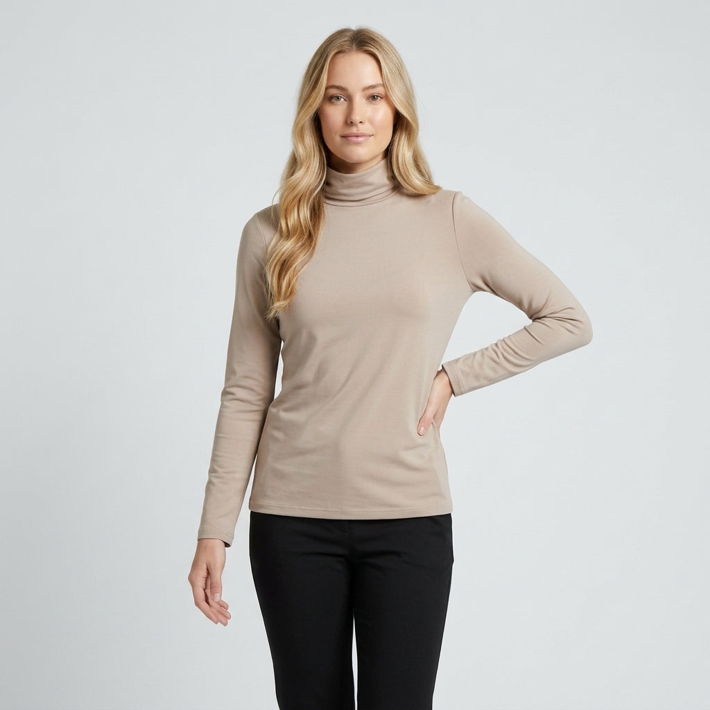Isla Thompson | Fleece-Lined Turtleneck Long Sleeve Top - Khaki
