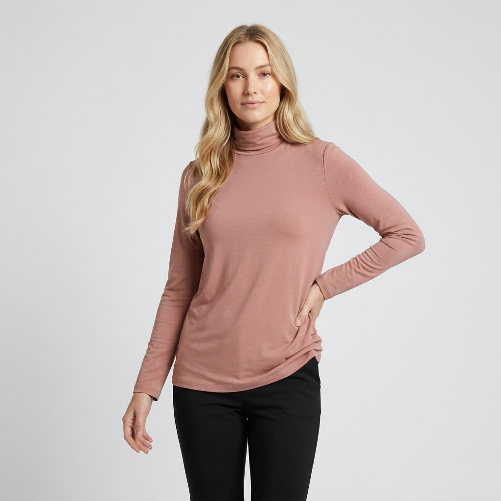 Isla Thompson | Fleece-Lined Turtleneck Long Sleeve Top - Pink