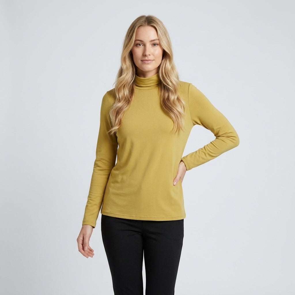 Isla Thompson | Fleece-Lined Turtleneck Long Sleeve Top - Yellow