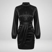 Lydia Walker | Satin Turtleneck Cocktail Dress With Ruched Wrap Detail