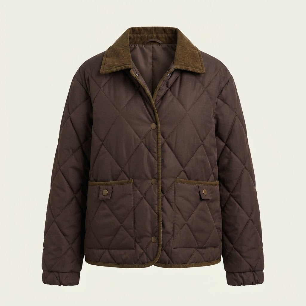 Matilda Evans | Quilted Diamond-Stitch Coat with Contrast Lapel Collar