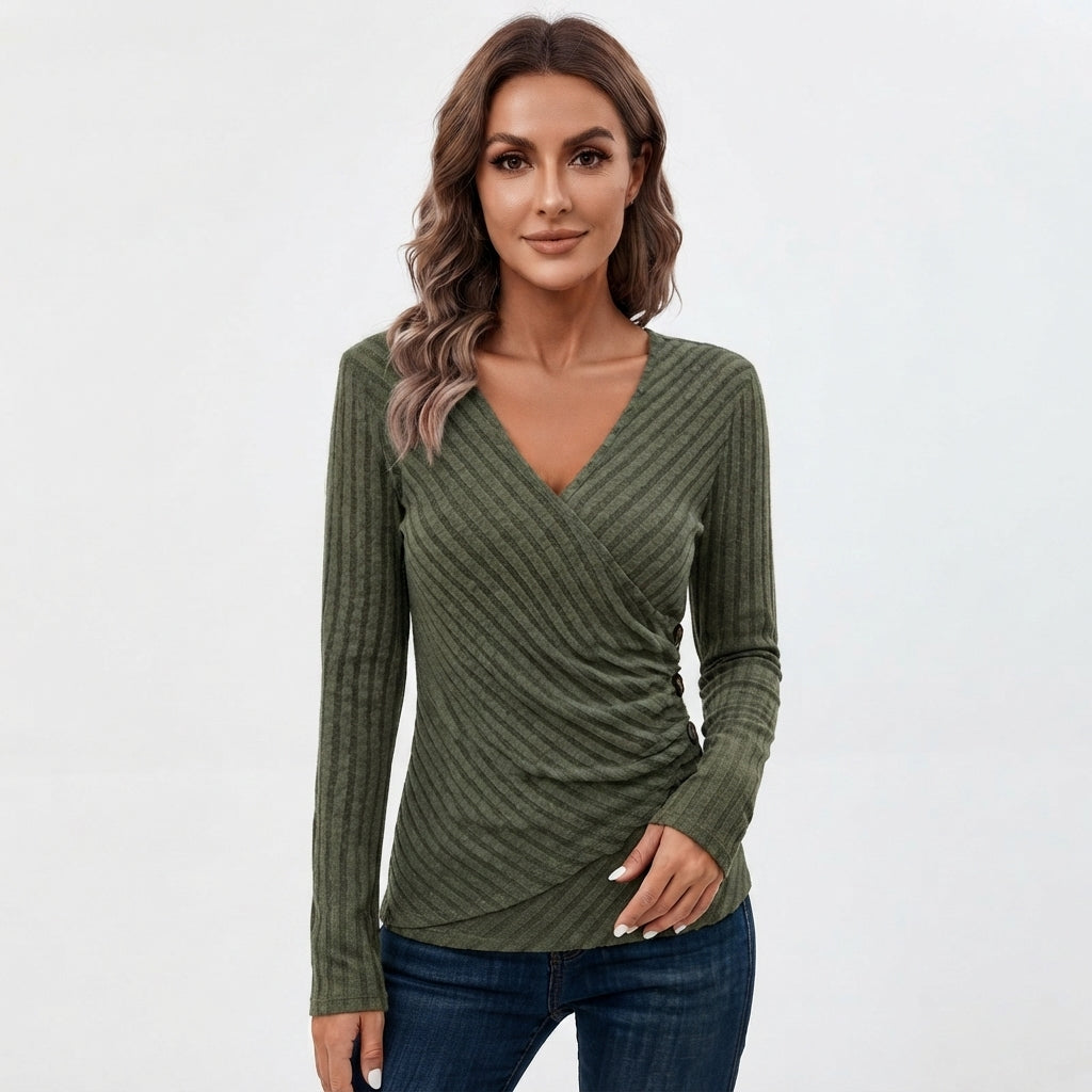 Miranda Pritchard | Ribbed Wrap V-Neck Long Sleeve Top