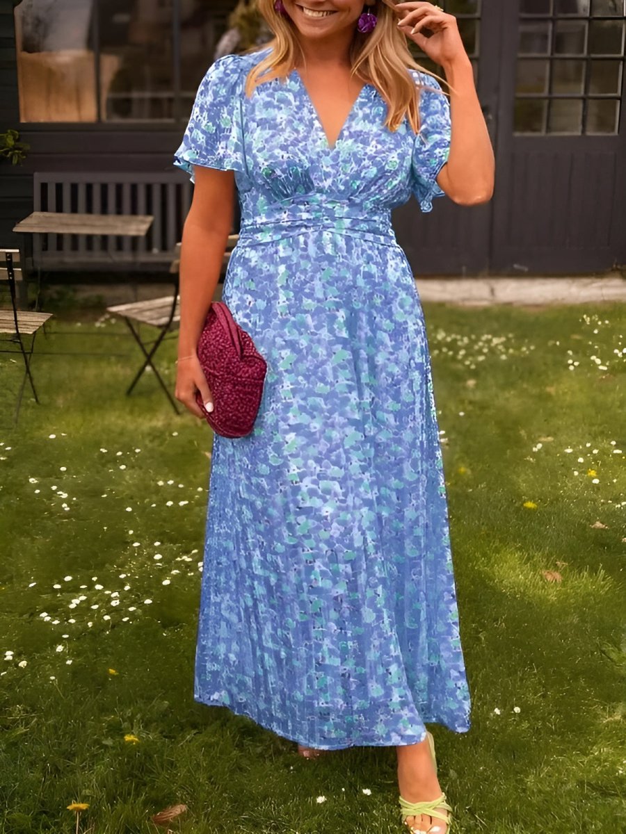 Daisy Campbell | Orange Floral Pleated Maxi Dress with Flutter Sleeves