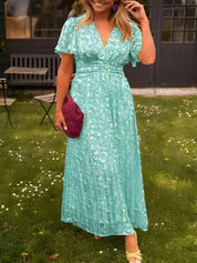 Daisy Campbell | Orange Floral Pleated Maxi Dress with Flutter Sleeves