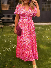 Daisy Campbell | Orange Floral Pleated Maxi Dress with Flutter Sleeves