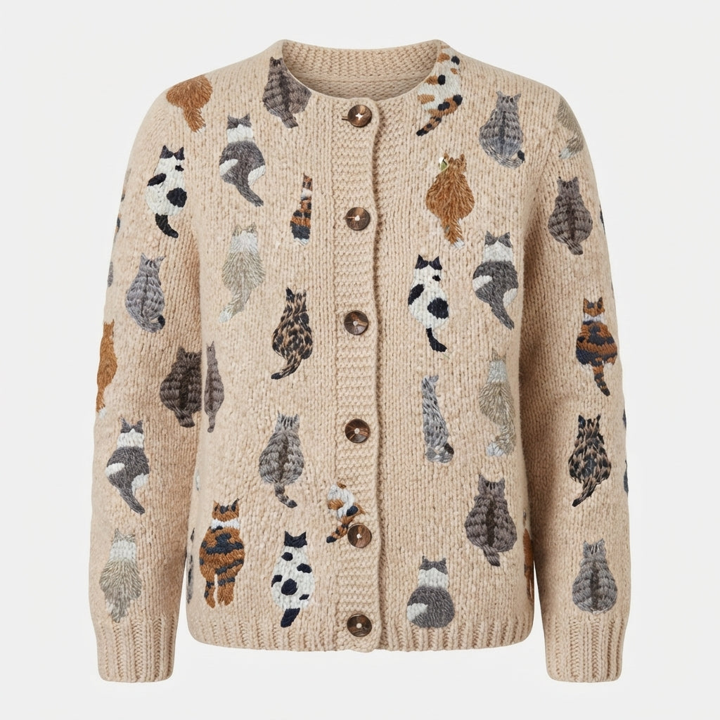 Octavia Marchant | Cat Print Button-Front Knit Cardigan