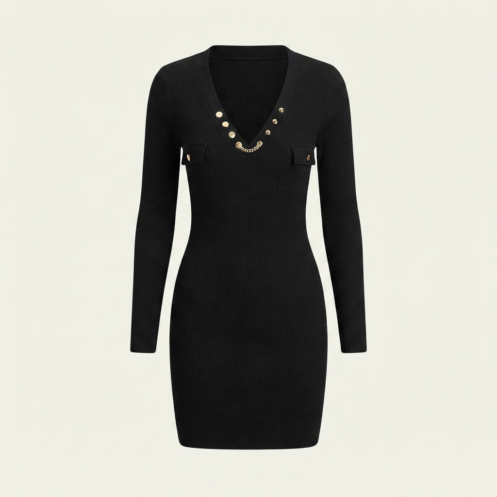 Olivia Harrison | Ribbed Knit Bodycon Mini Dress with Button Detail